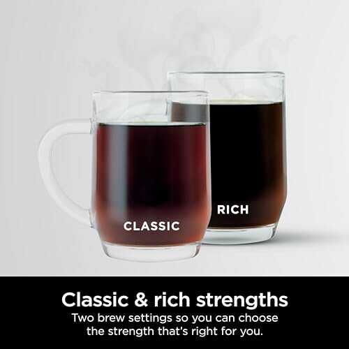 Two coffee mugs labeled Classic and Rich with text about brew strength options.