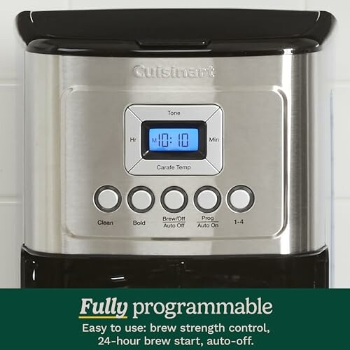 Cuisinart coffee maker control panel with digital display and buttons.