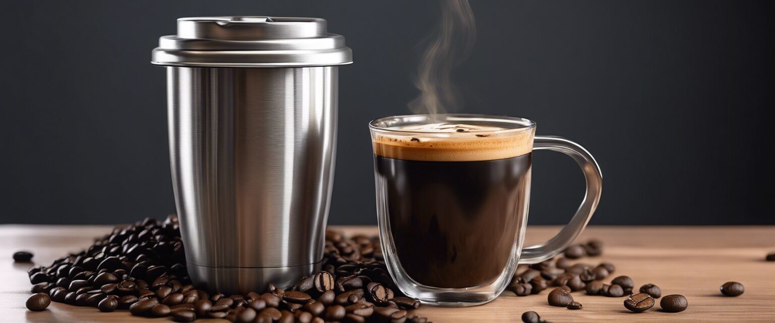 Insulated coffee tumbler next to coffee