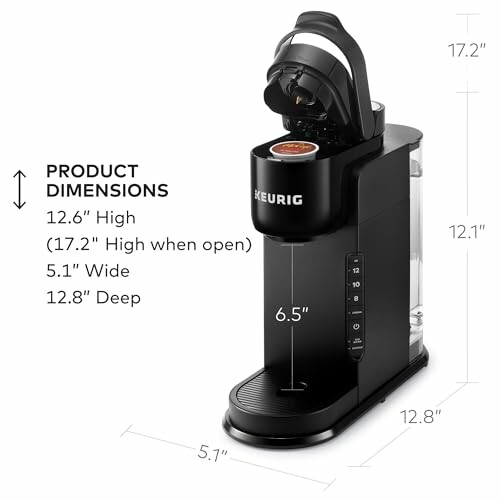 Keurig coffee maker with product dimensions displayed