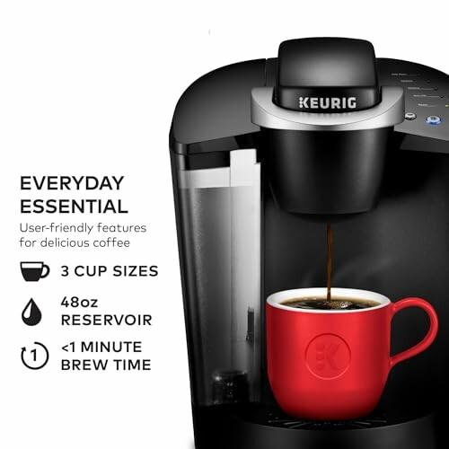 Keurig coffee maker with features listed.