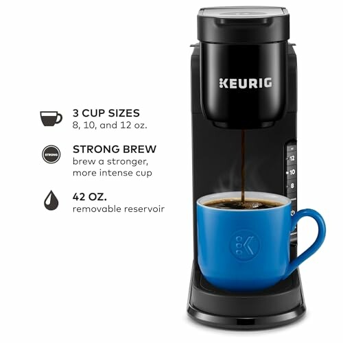 Keurig coffee maker with blue mug and features listed