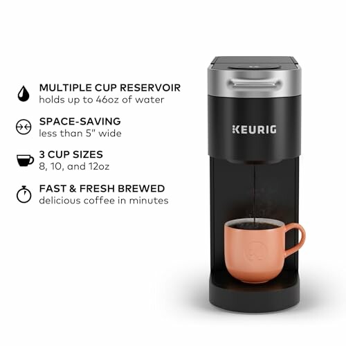 Keurig coffee maker with features listed: multiple cup reservoir, space-saving, 3 cup sizes, fast brewing.